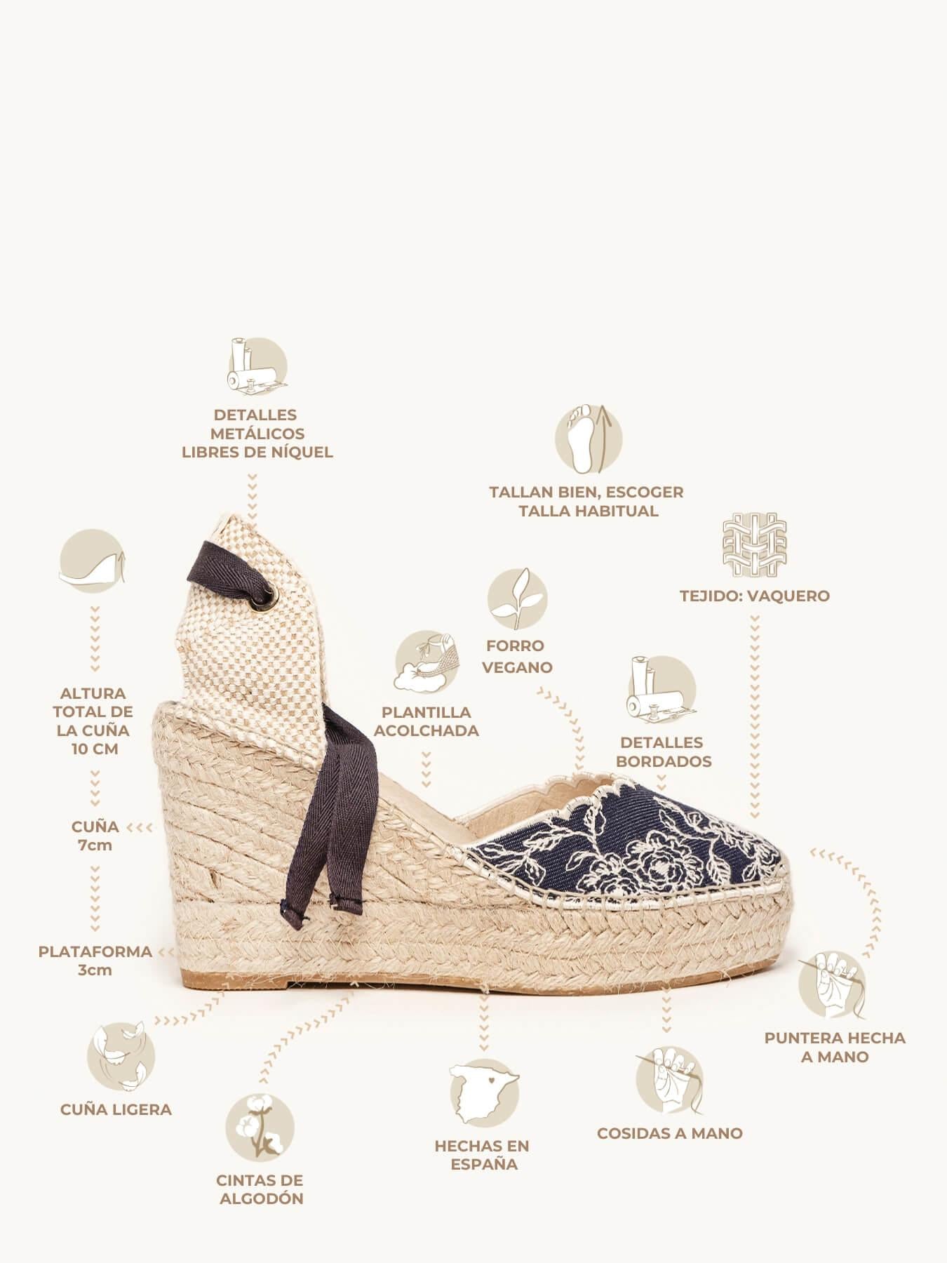 Romero Cuña Alta Vaquero Bordado Marino