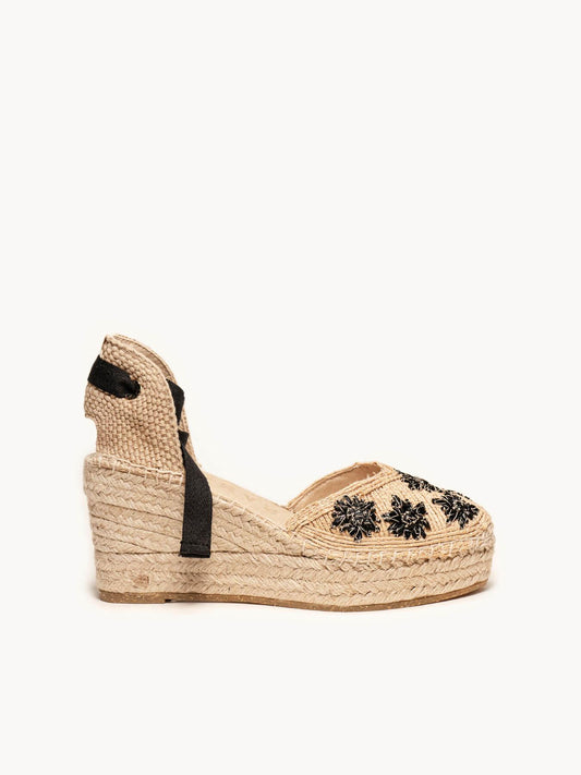 Romero Cuña Media Plataforma Rafia Flores Negro