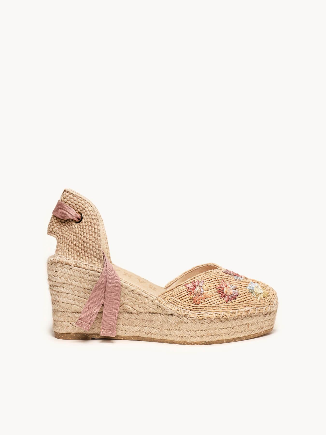 Romero Cuña Media Plataforma Rafia Flores Rosa Claro