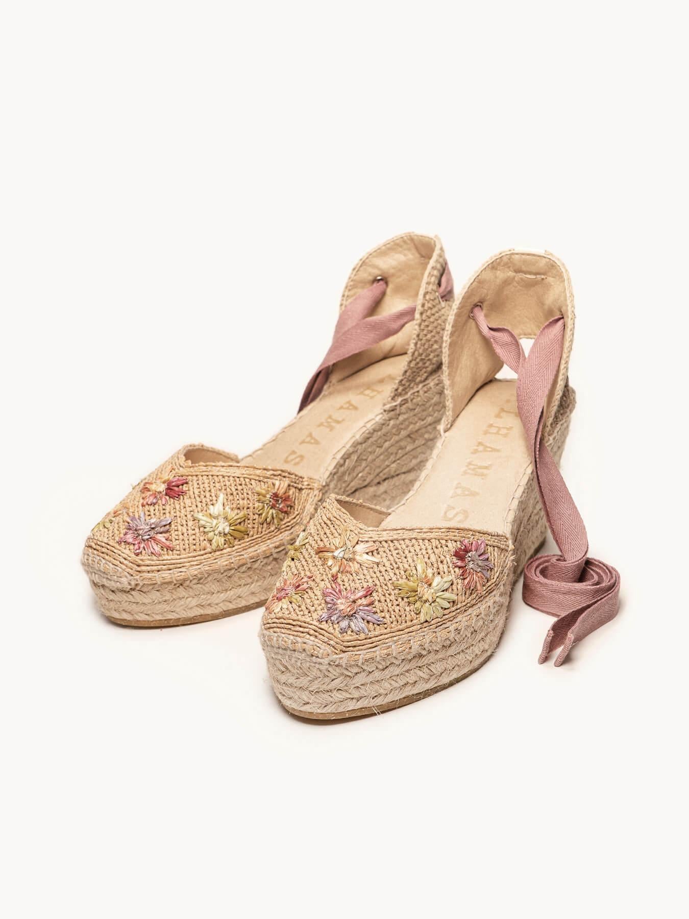 Romero Cuña Media Plataforma Rafia Flores Rosa Claro