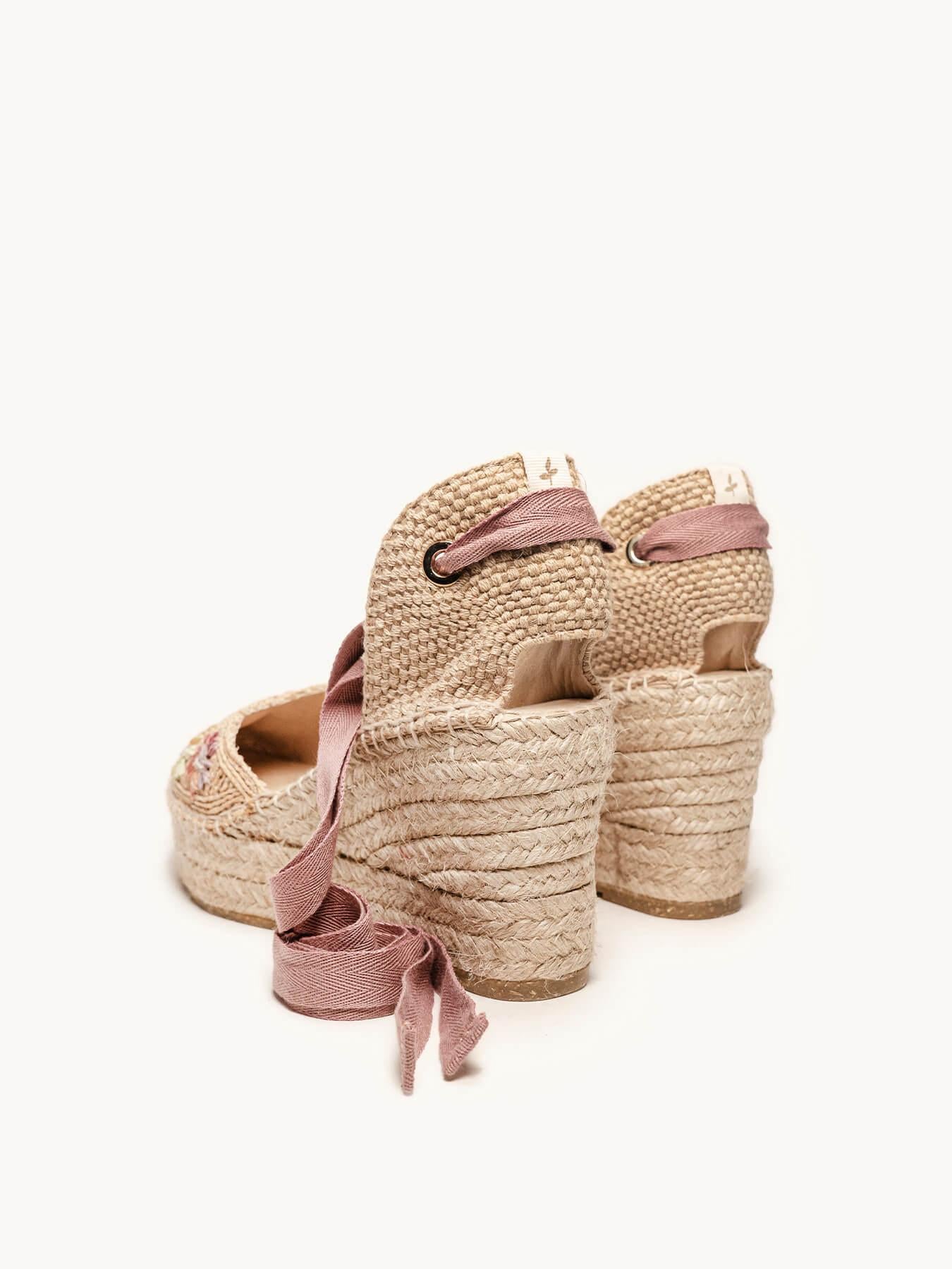 Romero Cuña Media Plataforma Rafia Flores Rosa Claro