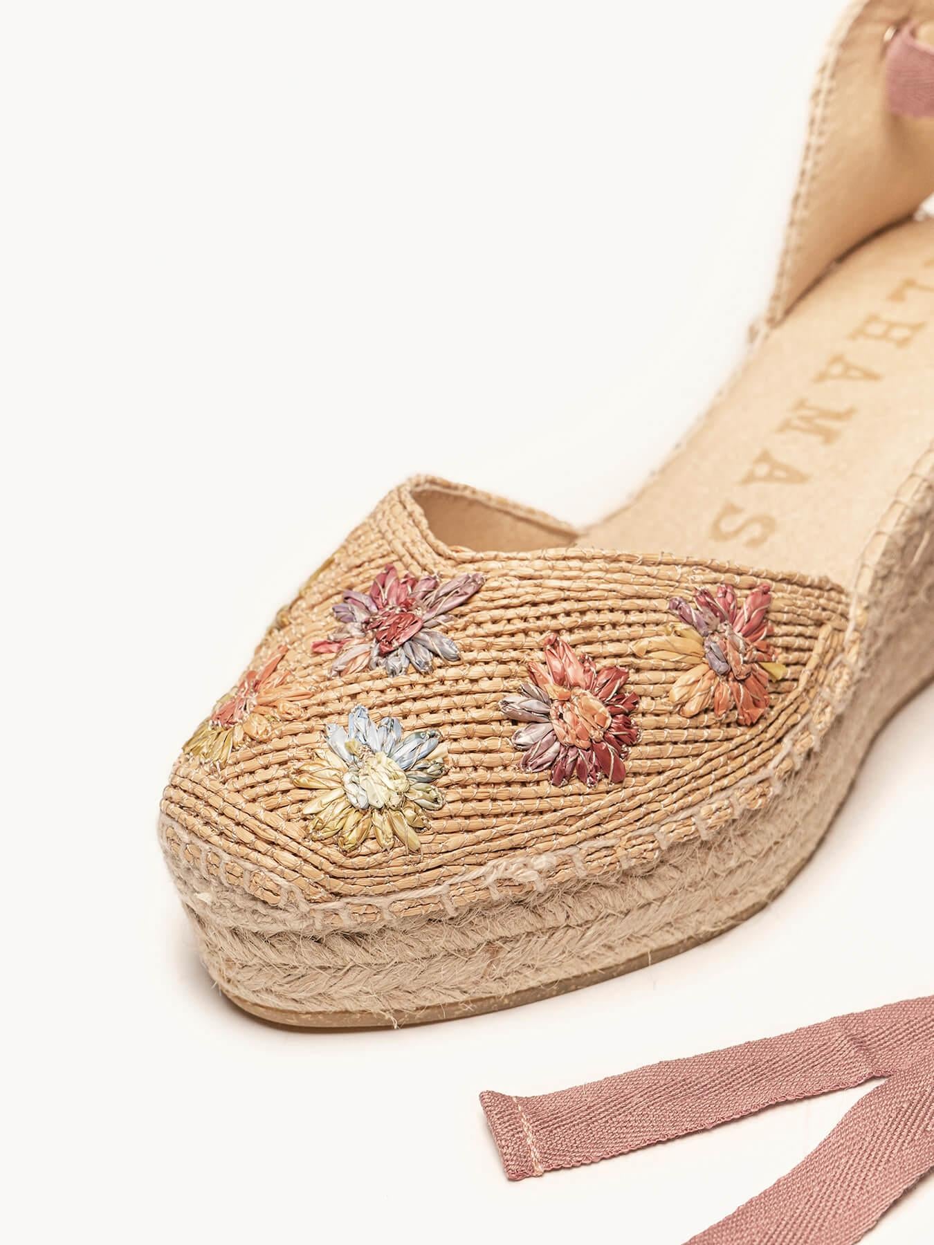 Romero Cuña Media Plataforma Rafia Flores Rosa Claro