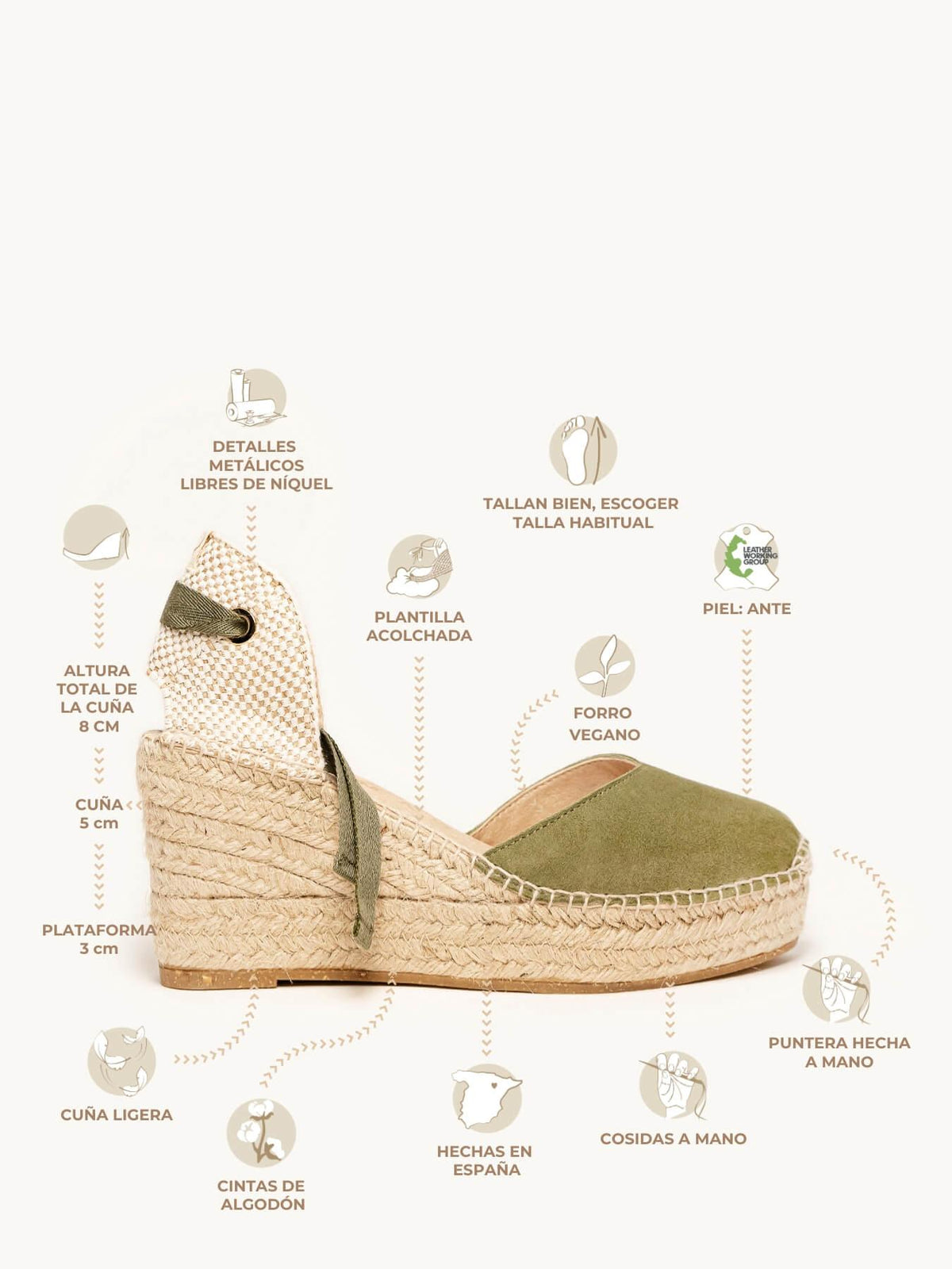 Romero Cuña 8 cm Ante Verde Kaki