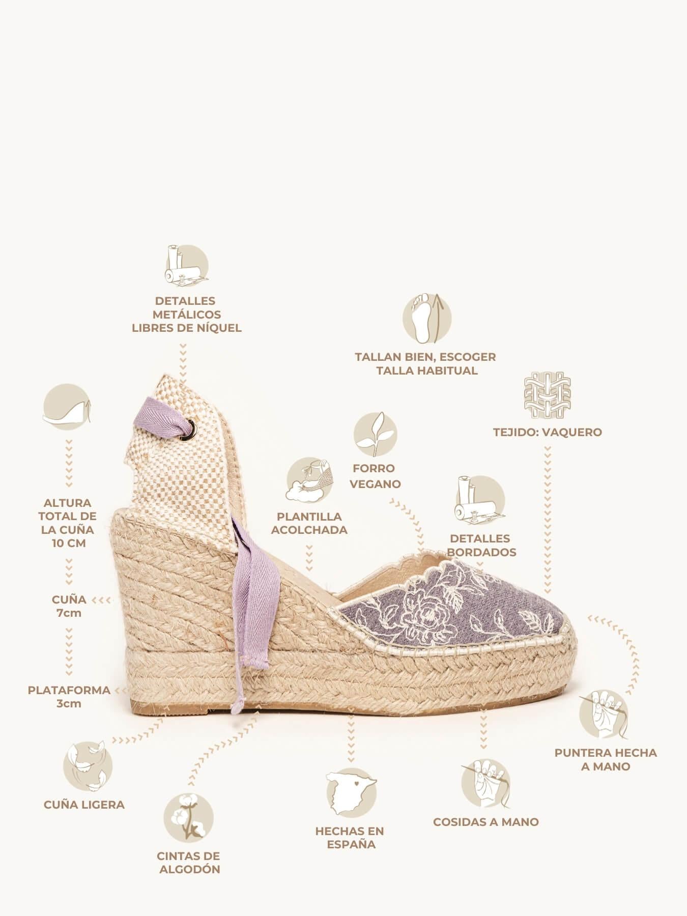 Romero Cuña Alta Vaquero Bordado Lila