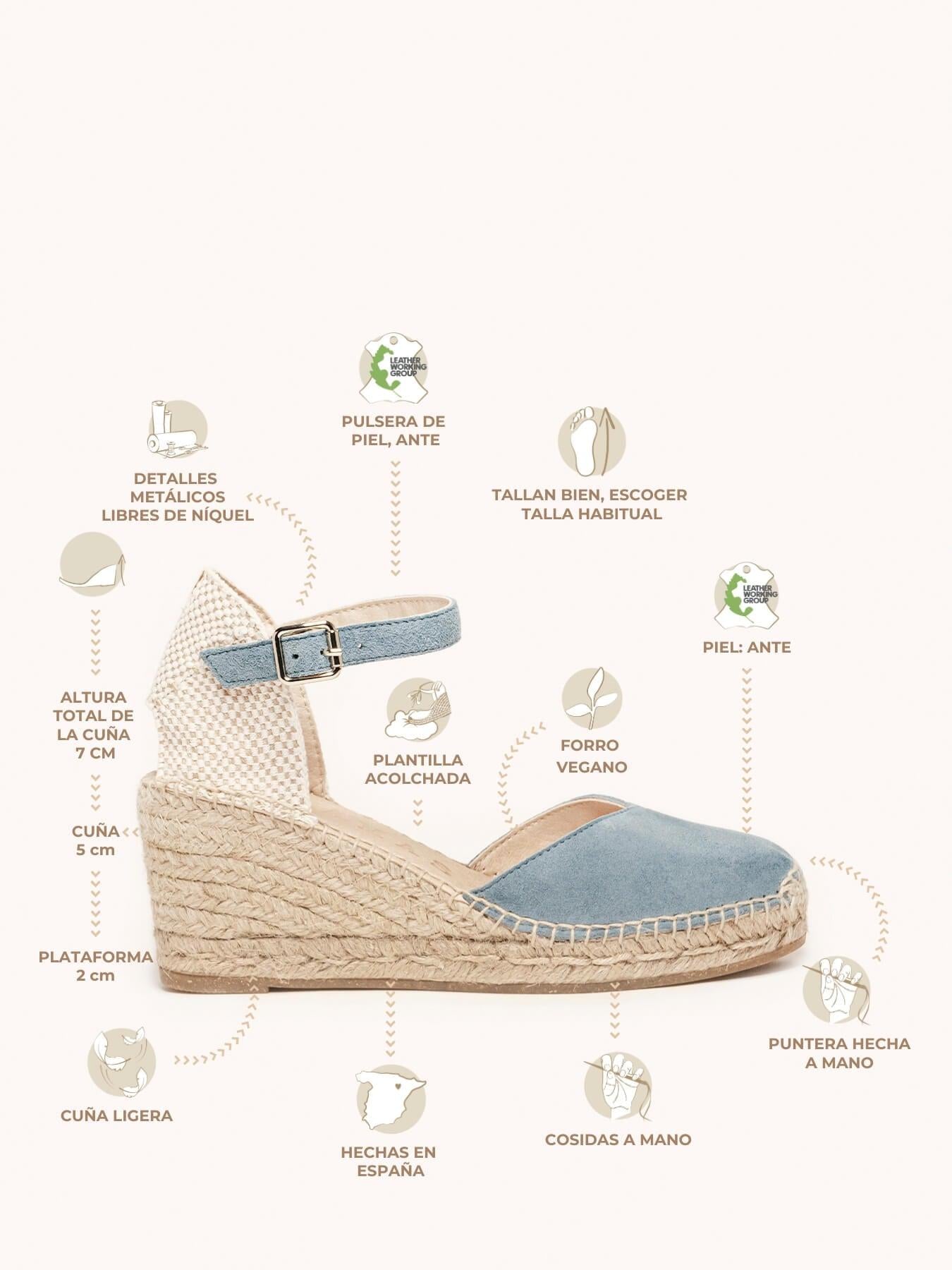Jara cuña 7 cm en ante azul tipo jeans
